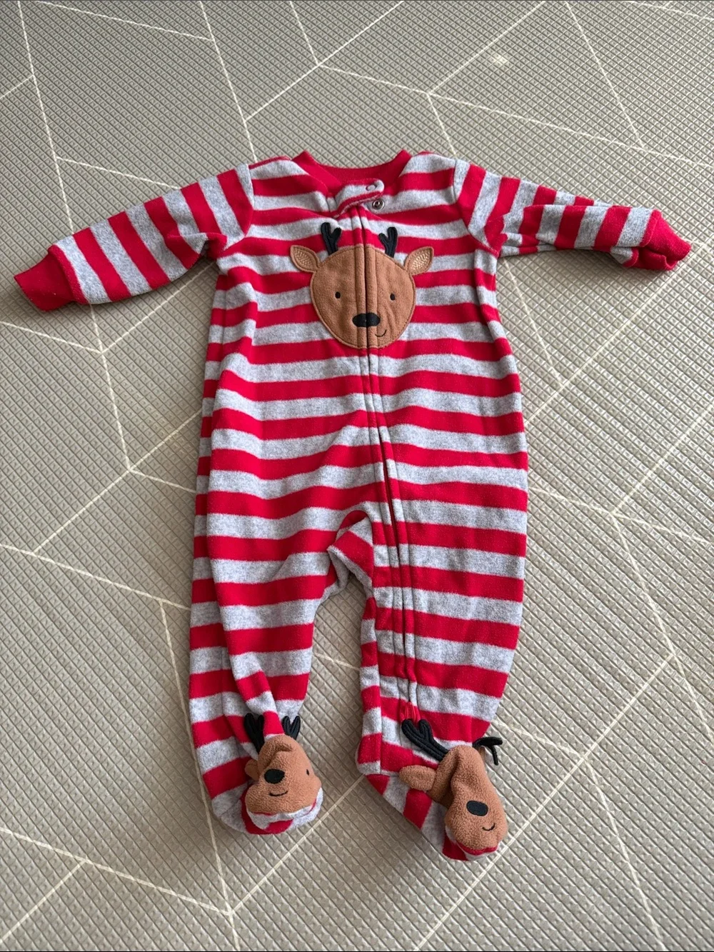 Red & White Striped Kids One-Piece Footed Pajamas with Reindeer